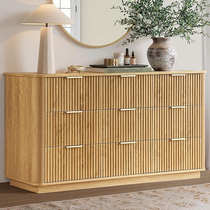win2win 9 Drawer Dresser, Mid Century Modern Dresser with Storage, 55" Wide Fluted Chest of Drawers with Faux Marble Top, Dressers TV Stand, Drawers Organizer for Bedroom, Living Room, Hallway, Oak