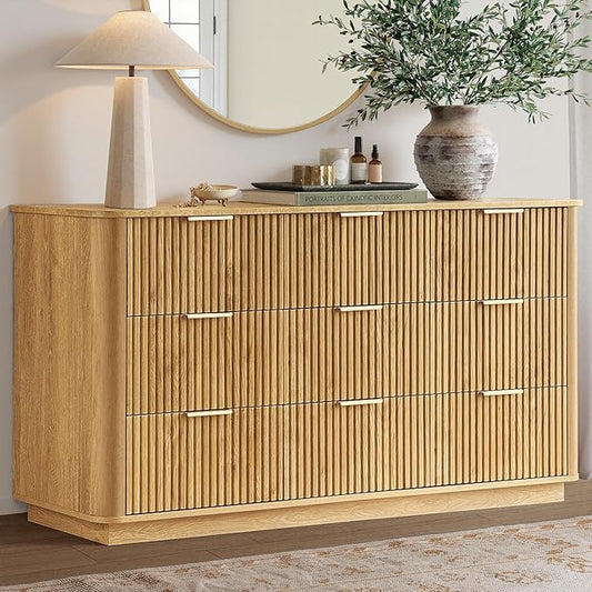 win2win 9 Drawer Dresser, Mid Century Modern Dresser with Storage, 55" Wide Fluted Chest of Drawers with Faux Marble Top, Dressers TV Stand, Drawers Organizer for Bedroom, Living Room, Hallway, Oak