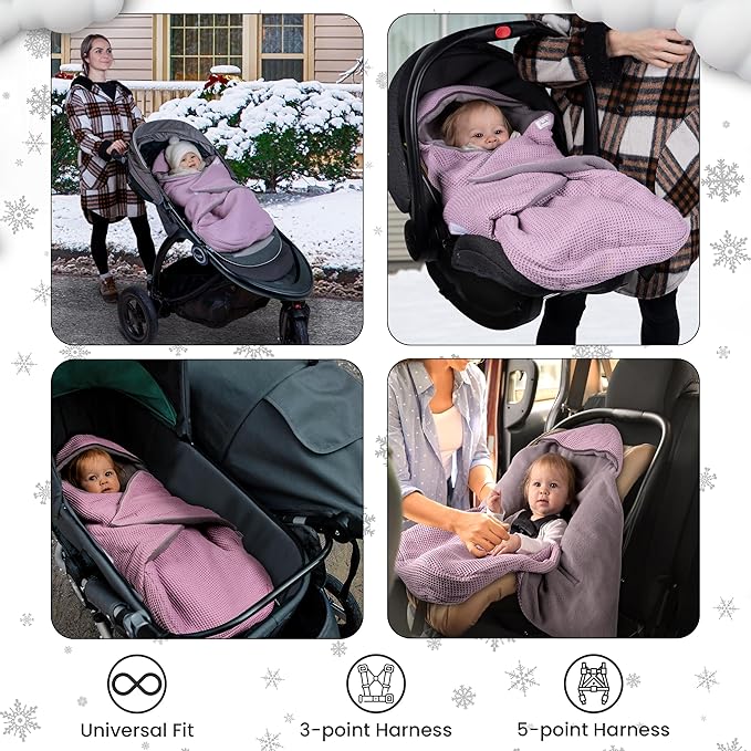 Car Seat Blankets for Babies Winter - Stroller Footmuff Carseat Cover Baby 5 Point Harness - Swaddle Bunting Bag (Rose)