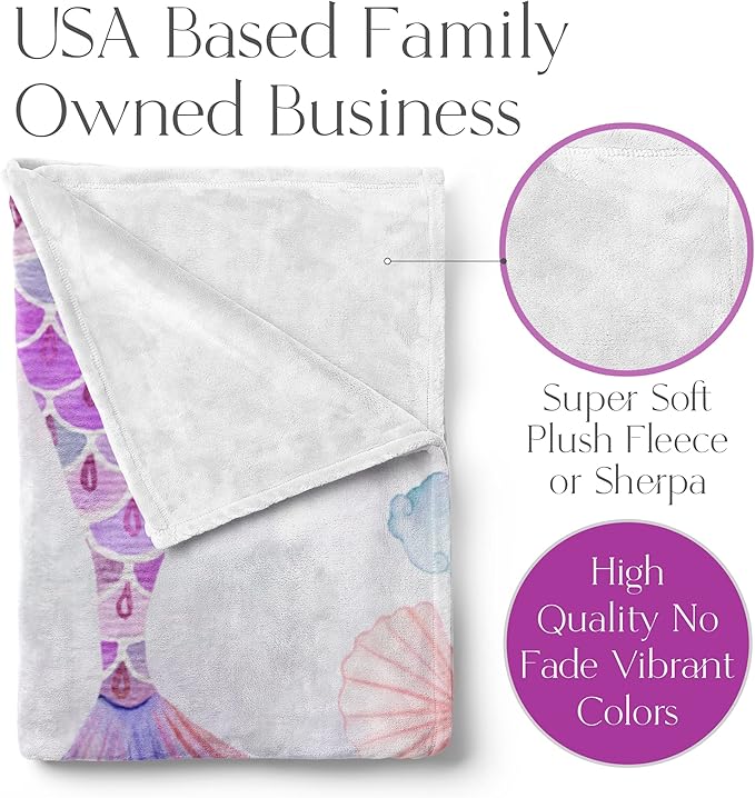Personalized Blanket for Girls | Custom Mermaid Fleece Throw | Purple Kids Throw | Baby Girl Blanket for Room Décor | Girls Room | Kids Blanket | Mermaids (Fleece – 60x80)
