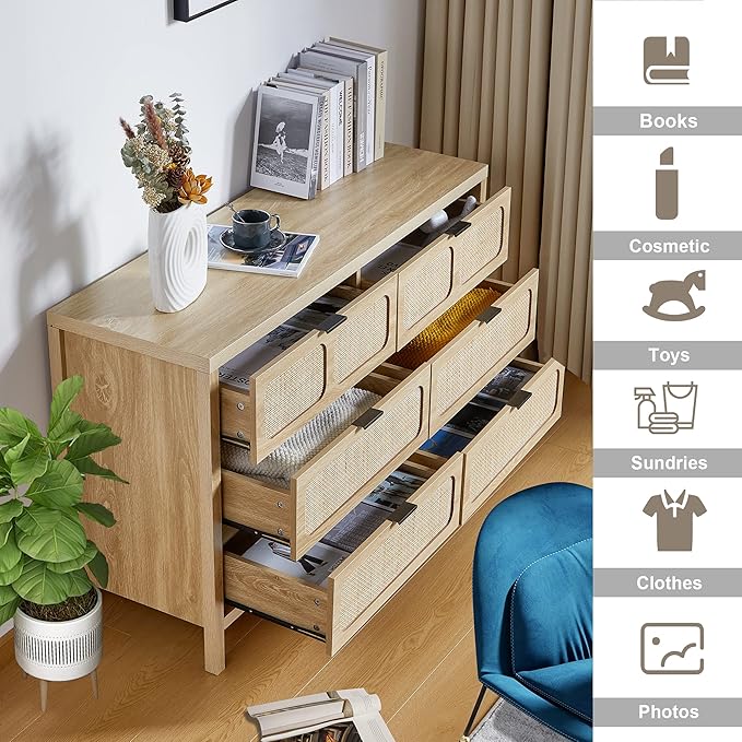 LEVNARY 6 Drawer Dresser for Bedroom, Rattan Dresser Drawer Organizer with Metal Handles, Accent Wood Chest of Drawers for Entryway, Closet, Living Room, Hallway, Nursery (Oak)
