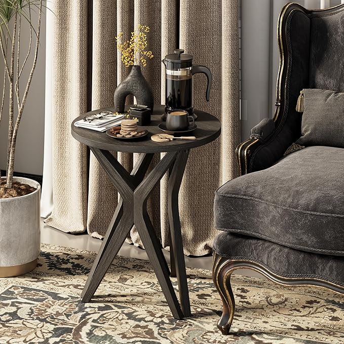 LONYKE Pedestal Farmhouse End Table Set of 2, Distressed Top with Tripod Base Bedside Table for Living Room, Modern, Boho Decor, Round (2-Pack, Distressed Black)
