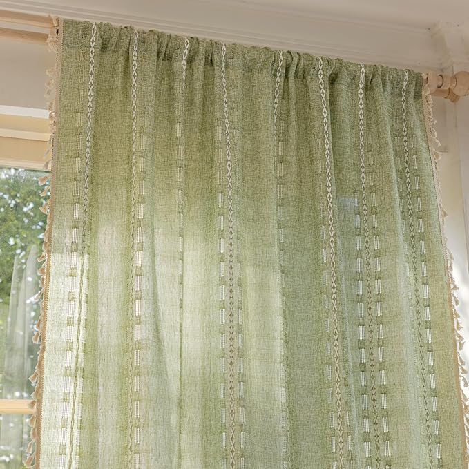 Deeprove Sage Green Boho Curtain 84 inches Length for Living Room Bedroom Nursery Doorway, Sheer Bohemian 84 inches Long Stripe Embroidery Privacy Window Fringe Christmas Decor W52 x L84, 1 Panel
