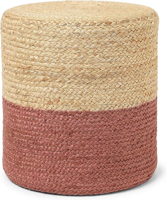 REDEARTH · Cylindrical Pouf Foot Stool Ottoman - Jute Braided Pouffe Poof Accent Sitting Footrest for Living Room, Bedroom, Nursery, Patio, Lounge Set of 2 (Natural Rust, 14.5"X14.5"X16")