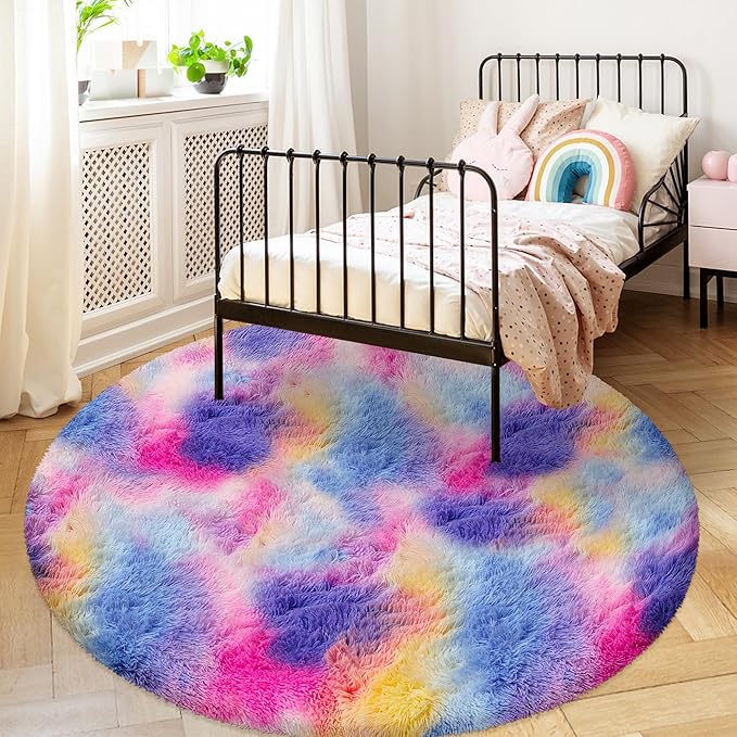 5 ft Soft Rainbow Rug for Girls Room, Fluffy Shaggy Princess Circular Big Rug Colorful Carpet for Kids Teens Toddler Playroom Nursery Reading Nook, Home Decor，Hot Pink