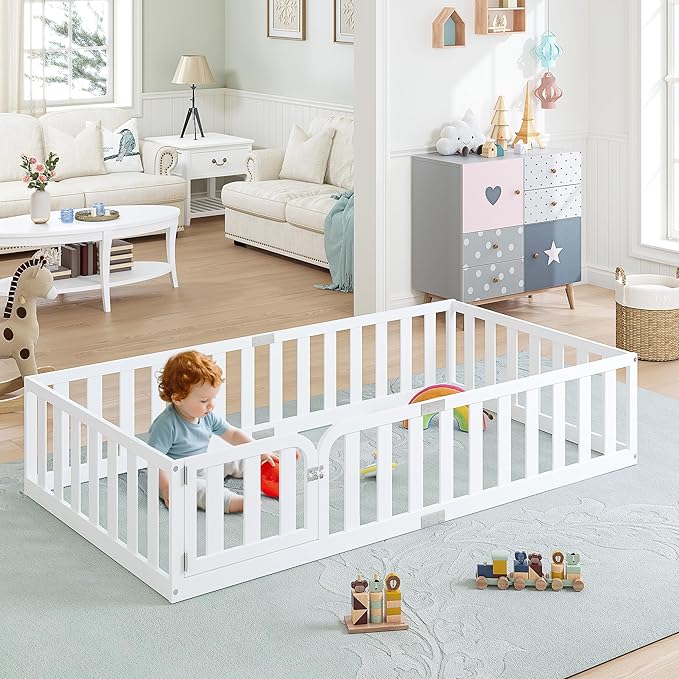 Spirich Twin Size Kids Floor Bed Frame with Fence and Door, Solid Wood Montessori Floor Bed for Kids with Safety Guardrails, Twin Bed Frame for Boys and Girls, White