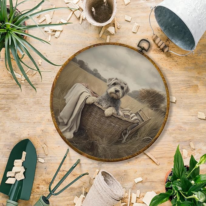 Hiuwevt Vintage Schnauzer Round Wall Art Decor, Rustic Farmhouse Schnauzer in Basket Framed Canvas Prints, Country Dog Round Wall Hanging Decor for Bathroom Laundry Room Decorations, 10x10 Inches