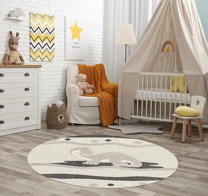Hauteloom Kids Room, Nursery Round Area Rug - Outdoor Patio Safe - Animal Dinosaur Playroom Carpet - Beige, Gray, Black, Cream - 7'10"