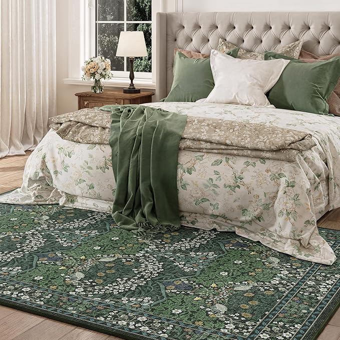5x7 Washable Dark Green Floral Area Rug for Living Room, Non-Slip Soft Floral Print Vintage Boho Carpet, Forest Green Low Pile Rugs for Bedroom, Dining Room, Indoor Decor