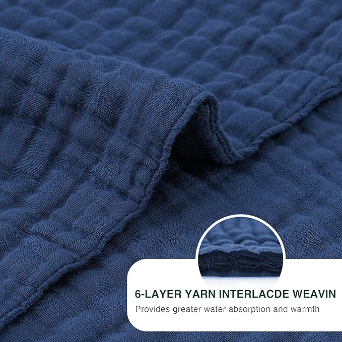 Love's cabin 6 Layer 100% Cotton Muslin Blanket, 108"x90" Muslin King Size Blanket for Bed Couch, Lightweight and Breathable Cotton Gauze for Adult, Dark Blue