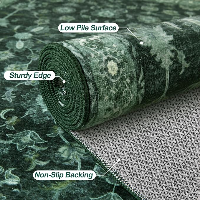 Tangsoo 6x9 Green Large Area Rug for Living Room, Non Slip Machine Washable Rug for Bedroom, Boho Distressed Vintage Floral Rugs, Soft Low Pile Floor Carpet for Dining Room Office Kitchen Farmhouse