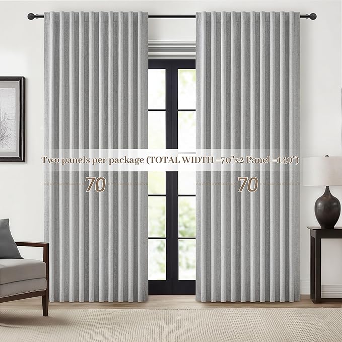 Gray Blackout Curtains 70 Inches Extra Wide Linen Curtains 96 Inch Length for Kids Boys Room/Nursery, Pleated Bedroom Thermal Drapes for Winter Thick Window Energy Efficient 70"W x 96"L 2 Panels