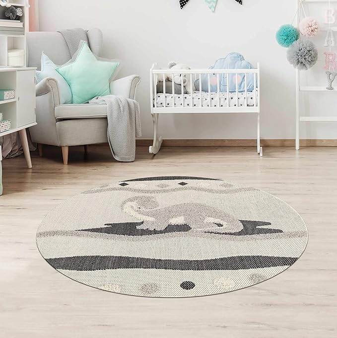 Hauteloom Kids Room, Nursery Round Area Rug - Outdoor Patio Safe - Animal Dinosaur Playroom Carpet - Beige, Gray, Black, Cream - 3'11"