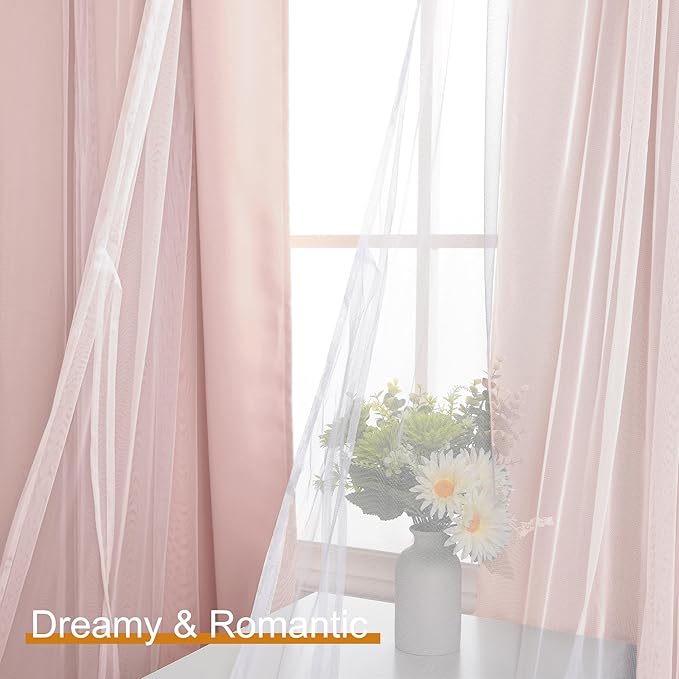 DWCN Layered Curtains Blackout and Sheer Curtains with Tiebacks Grommet Top Window Curtain Panels for Living Room, Girls Bedroom, Nursery, 52" x 84", Rose Blush, 2 Pieces