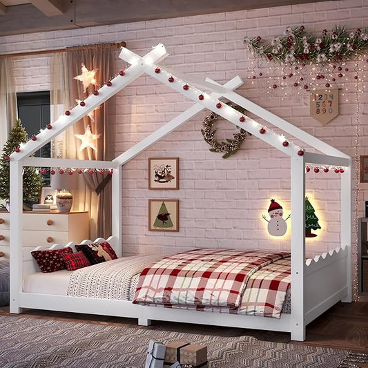 Full Size Wooden House Floor Bed - Kids Bed Frame with Roof & Support Slats for Bedroom, No Box Spring Needed, Easy Assembly (White)