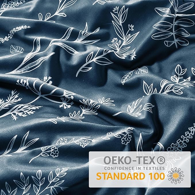 MUXHOMO Duvet Cover Queen Size, Reversible Floral Navy Duvet Cover Set with Zipper Closure, 3 Pieces Botanical Patterns Soft Microfiber Bedding Set with 4 Ties (90"x90", 2 Pillow Cases)