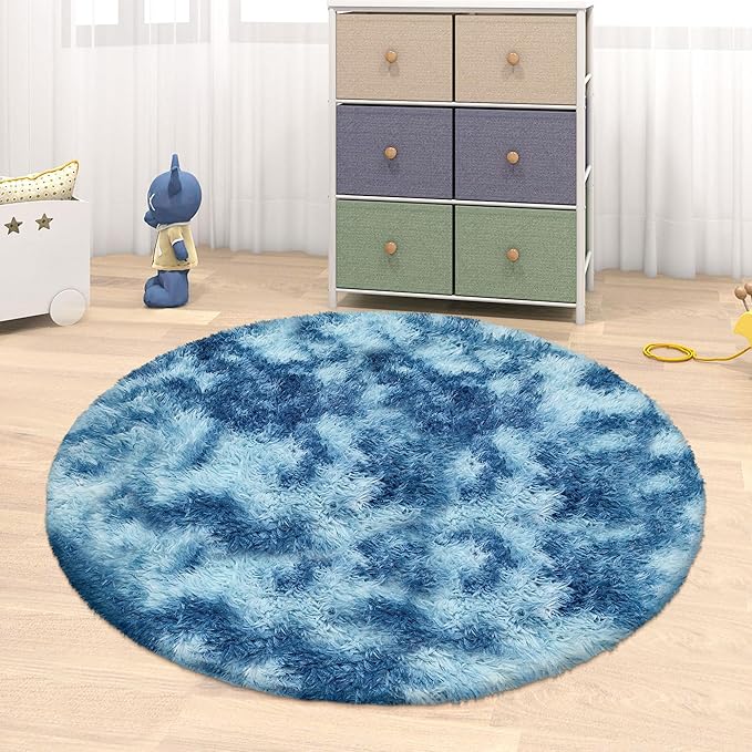 4 ft Round Fluffy Blue White Rug for Bedroom,Tie Dyed Furry Round Carpet Non Slip Fuzzy Shaggy Plush Circle Area Rug Rug for Living Room Room Nursery Room Playroom Kids Room Home Decor Washable
