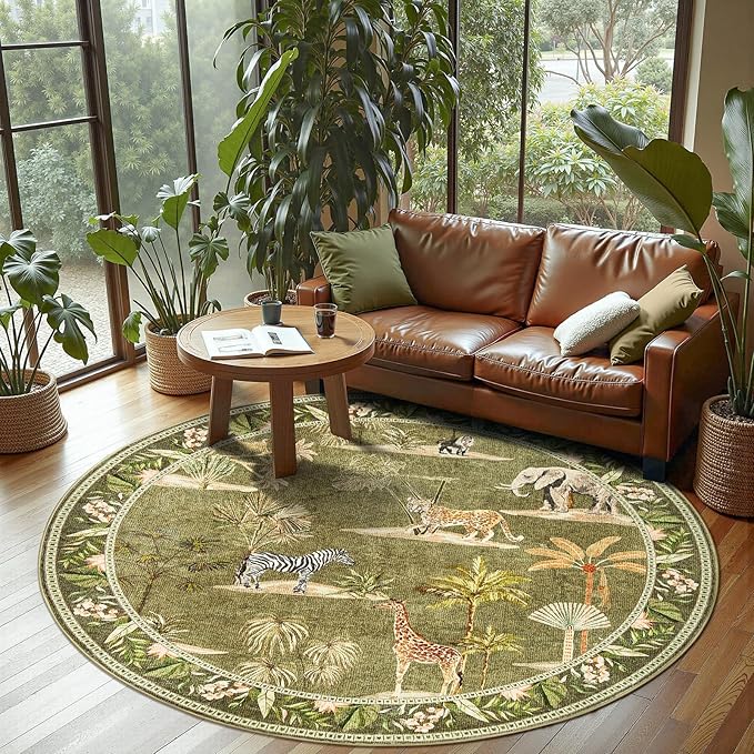 jinchan Round Rug 6ft Green Jungle Animals Print, Machine Washable 6' Circle Modern Soft Non-Slip Forest Plant Throw Area Rug Low Pile Christmas Carpet for Living Room Bedroom Dining Room Nursery