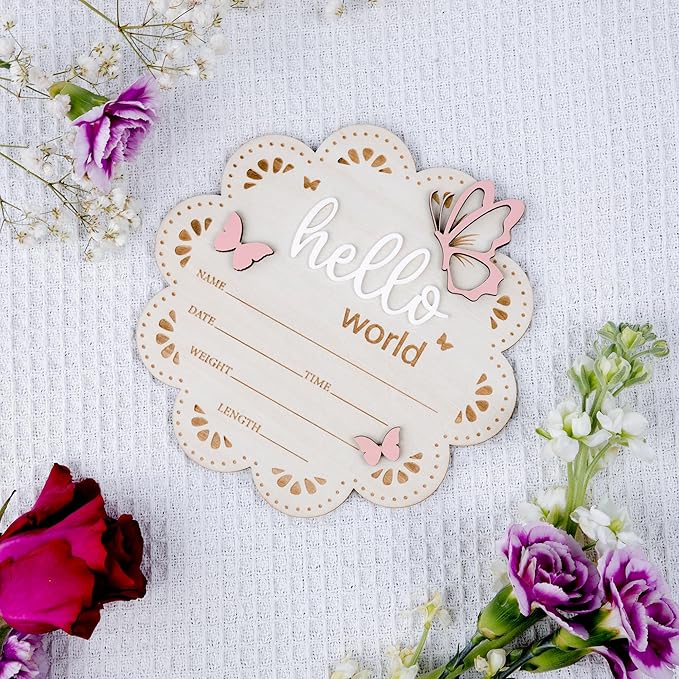 Baby Announcement Sign Butterfly, 6.5 Inch Wooden Hello World Newborn Welcome Sign Birth Baby Name Plaques for Photo Props Baby Shower Hospital Nursery BABY3