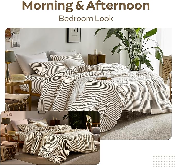 JELLYMONI 100% Natural Cotton 3pcs Striped Duvet Cover Sets,White Duvet Cover with Khaki Stripes Pattern Printed Comforter Cover,with Zipper Closure & Corner Ties(Queen Size)