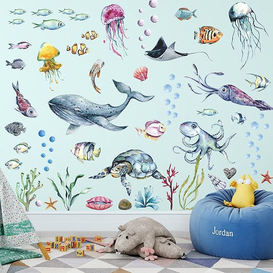 LiveGallery Ocean Life Wall Decals Under The Sea Wall Stickers Whale Jellyfish Clownfish Sea Turtle Cuttlefish Shell Seaweed Conch Coral Wall Decorations for Kids Bedroom Living Room Nursery