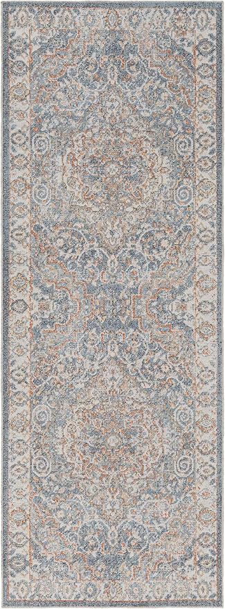 Mark&Day Washable Rugs, 3x8 Elsmore Traditional Dark Blue Runner Area Rug, Blue Ivory Orange Carpet for Hallway, Kitchen, Bedroom or Living Room (2'7" x 7'3" Runner, Machine Washable)