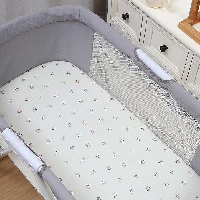 Onacosht Muslin Bassinet Sheets 3 Pack, 100% Cotton Baby Fitted Sheet 33" X 17" for Rectangle, Round, Oval, Hourglass Mattress, Pink and Floral