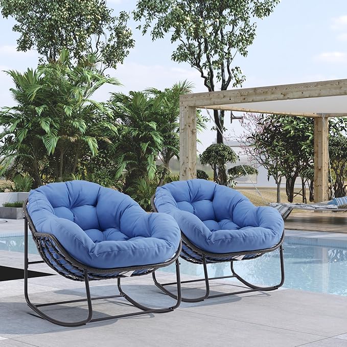 Oversized Outdoor Papasan Rocking Chair with Soft Cushion, Comfy Patio Egg Chair, Wicker Lounge Rocker for Balcony/Porch/Garden, Reinforced All Weather Rattan Frame, 330 lbs Support, Royal Blue