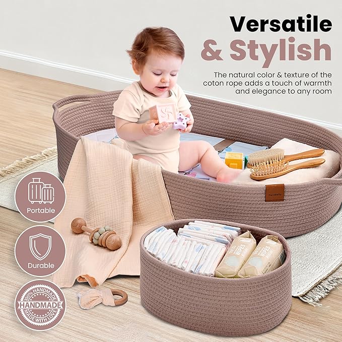 PeraBella XL Baby Changing Basket for Dresser Top, Moses Baskets for Newborn, Portable Baby Diaper Changing Pad Table Topper for Dresser, Moses Bassinet Mat with Waterproof Pad Cover and Diaper Caddy