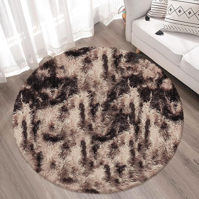 4 ft Round Fluffy Brown Rug for Bedroom,Tie Dyed Furry Round Carpet Non Slip Fuzzy Shaggy Plush Circle Area Rug Rug for Living Room Teen Room Nursery Room Playroom Kids Room Home Decor Washable