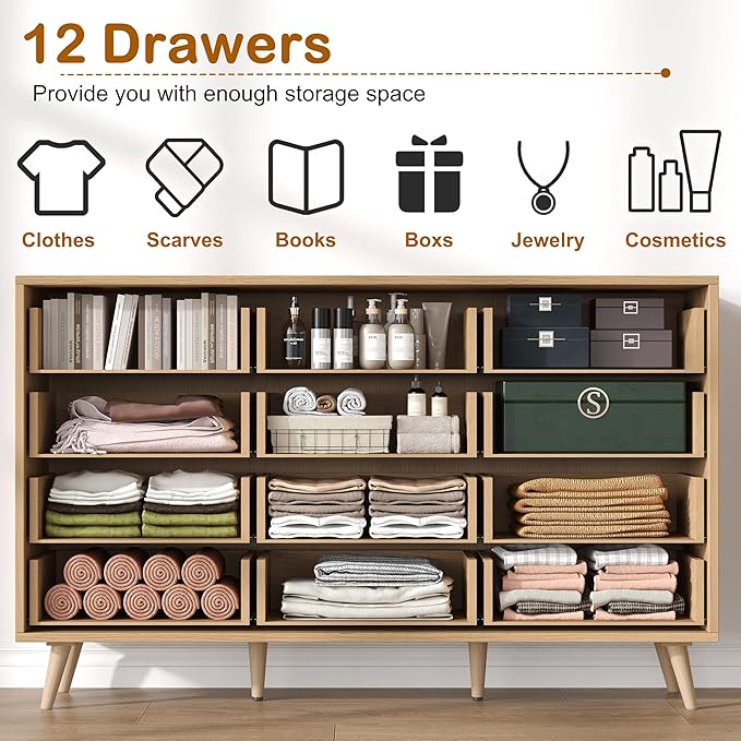 Rovaurx 12 Drawer Double Dresser for Bedroom, Rattan Chest of Dressers, Modern Wooden Dresser Chest with Golden Handles, Beside Table for Closet, Living Room and Entryway, Natural