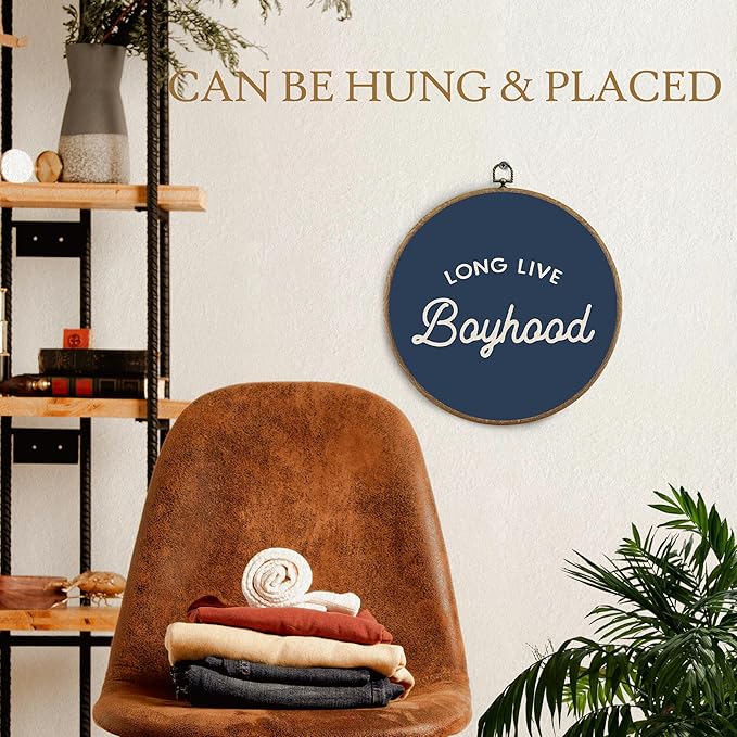 BitKAM Boy Nursery Round Wall Art Decor, Long Live Boyhood Canvas Prints Framed, Retro Navy Blue Wall Hanging Decorations for Kids Boys Nursery Bedroom Playroom, 10x10 Inch Wall Sculptures