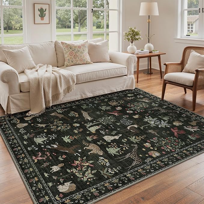 Rugs for Living Room 5x7 Floral Animal Print Area Rug Machine Washable Rug, Non Slip Low Pile Carpet for Bedroom, Entryway, Dark Green