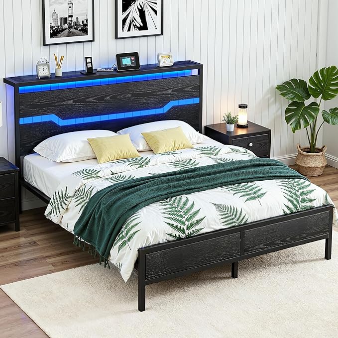 Queen Bed Frame with LED Lights & Charging Station, Bed Frame Queen Size with Headboard,13" Under Bed Storage, Noise-Free Heavy Duty Metal Support, Modern Black
