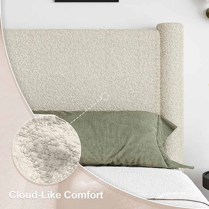 King Size Bed Frame, Boucle Bed Frame with Headborad, Soft Upholstered Platform Bed Frame with Rounded Corners, No Box Spring Required, Easy Assembly, Cream