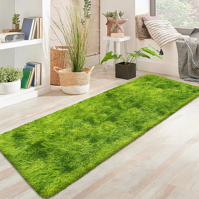 Grass Green Tie-Dyed Rug 2x6 ft Plush High Pile Shag Carpet Fluffy Soft Runner Bedside Rug for Bedroom Living Room Hallway Nursery Kids Home Decor