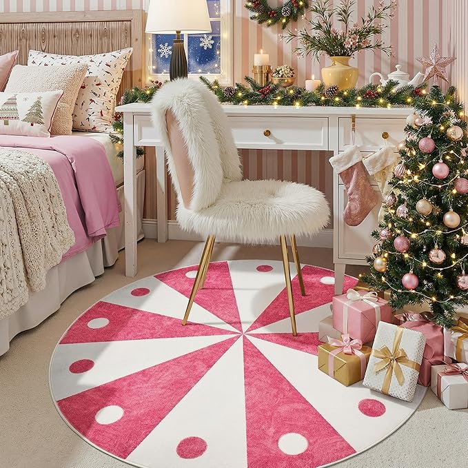 jinchan 5ft Round Rug Hot Pink Washable Fun Cute Playroom Mat Non Slip Cheerful Circle Cool Rug Soft Cozy Low-Profile Playful Carousel Throw Carpet for Kids Gift Teens Dorm Entryway Bedroom