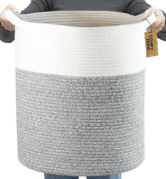 COMFY-HOMI XXL Large Laundry Basket with Handles Blanket Baskets Living Room|Woven Cotton Rope Decorative Basket Laundry Hamper Baby Basket Nursery Dog Toy Storage Organizer Bin-16”x18”-White Grey