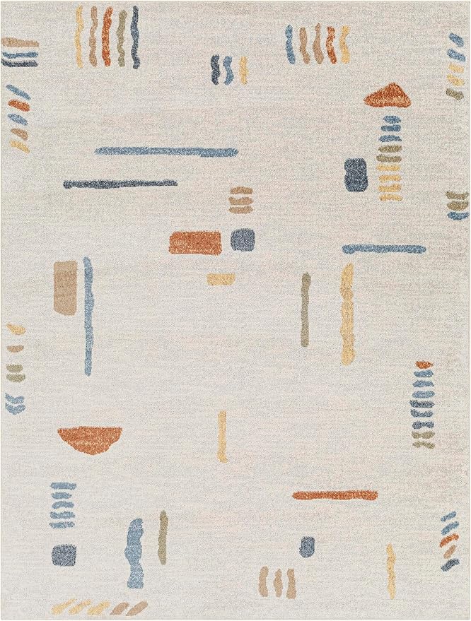 Mark&Day Washable Rugs, 7ft Round Elbing Modern Beige Area Rug, Oatmeal Gray Dark Blue Carpet for Living Room, Bedroom or Kitchen (6'7" Round,Machine Washable)