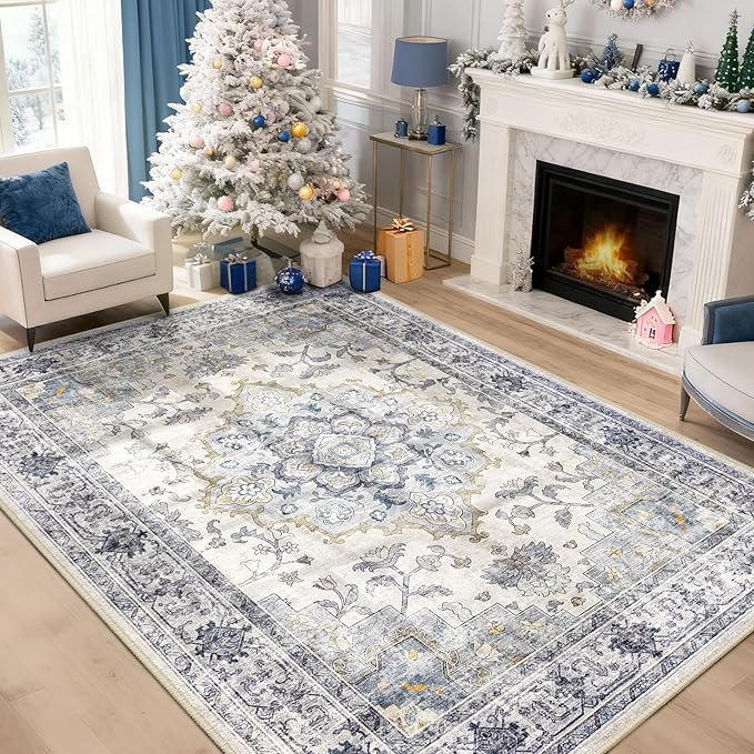 Machine Washable Rugs Nursery Rug 3x5 Cute Girl Non Slip Low Pile Water Repellent Soft Print Pattern for Bedroom Indoor Decor Kids Playroom Bluewhite
