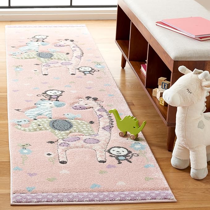 SAFAVIEH Carousel Kids Collection Runner Rug - 2' x 8', Blush Pink, Animal Design, Easy Care & Non-Shedding, Ideal for High Traffic Areas for Boys & Girls in Playroom, Nursery (CRK120U-28)