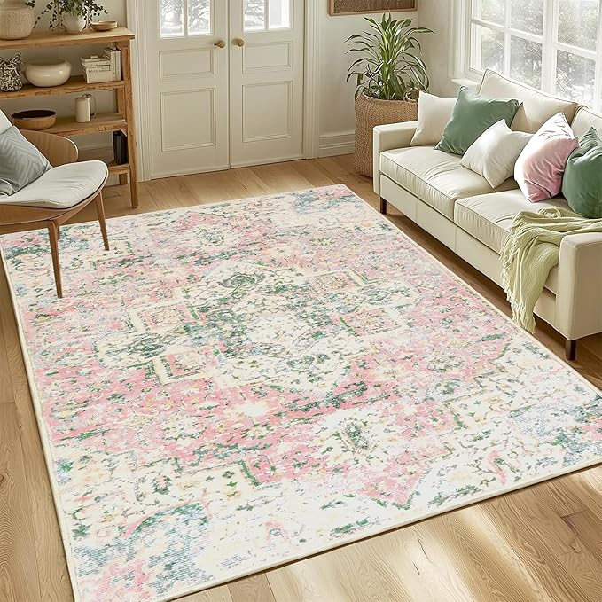5x7 Washable Area Rugs Green and Pink Rug for Bedroom Girls Soft Boho Vintage Floor Carpet Non-Slip Oriental Rug for Bedside Nursery Living Room Dinning Room