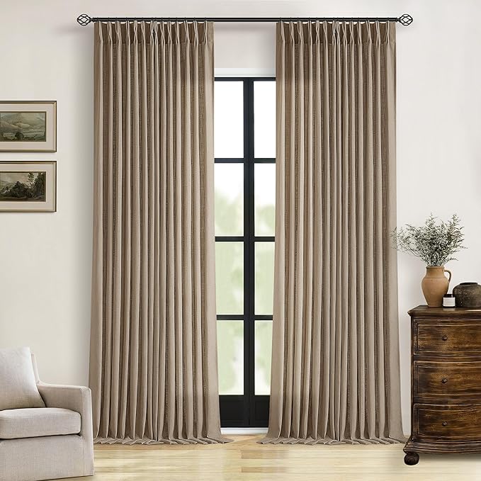 Extra Long Light Brown Linen Curtains 120 Inches Long Tan Brown Coffee Latte Farmhouse Rustic Curtain Light Filtering Semi Sheer Back Tab Pinch Pleat Curtain for Tall Ceiling Living Room 2 Panels