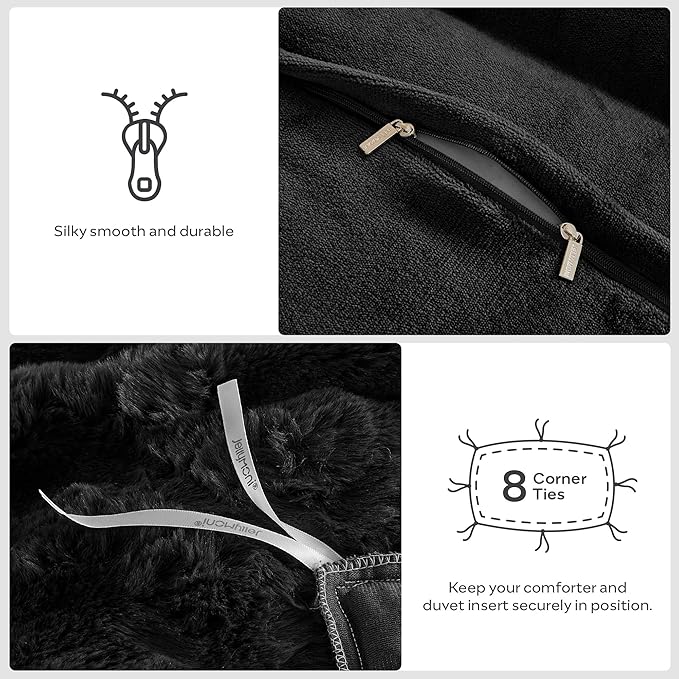 JELLYMONI Plush Duvet Cover Set - Queen Size Black Faux Fur Comforter Cover 3pcs Bedding Set Luxury Ultra Soft Striped Fluffy Duvet Cover with Zipper and 2 Pillowcases (NO Comforter)