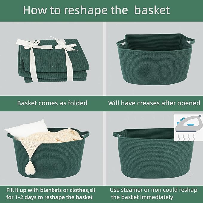 Large Rectangle Blankets Basket Living Room 22"x17"x12" Woven Cotton Rope Storage Basket for Nursery Toy Baskets for Kids and Dogs Wicker Laundry Baskets Bin for Clothes Towels dark green