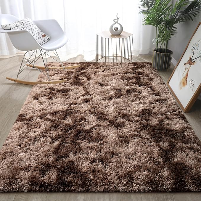 DweIke Fluffy Brown Rugs for Bedroom Living Room, 8x10 Large Soft Plush Shaggy Tie-Dyed Dark Coffee Girls Boys Kids Rug, Upgraded Non-Slip and Machine Washable Carpet for Dorm Nursery Decor