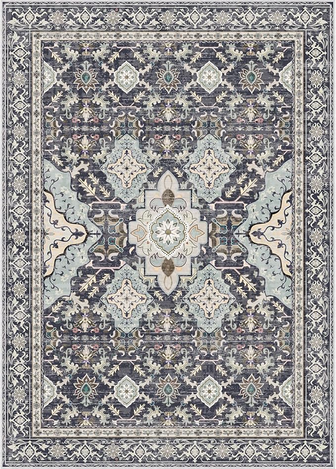 AMTOVO Area Rugs 5'x7' Washable Non-Slip, Vintage Boho Distressed Print Pattern Rugs for Living Room, Soft Low Pile Carpet for Bedroom Indoor Playroom Nursery Farmhouse Girls Room, Grayish Blue