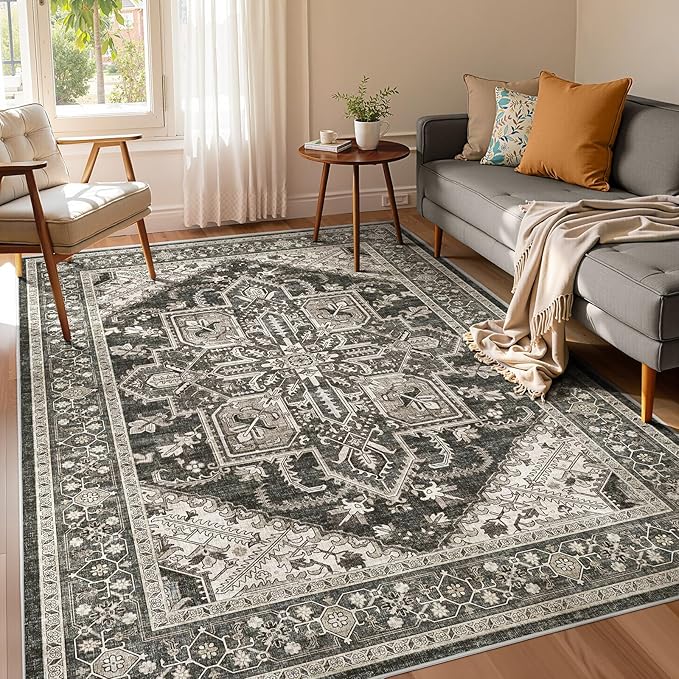 WITSHOCK Black Living Room Area Rugs 5x8: Washable Rug Boho Soft Low Pile Stain Resistant Foldable Carpet for Foyer Entryway, Bedroom Playroom Dining Room Office Kitchen Farmhouse Modern Rug