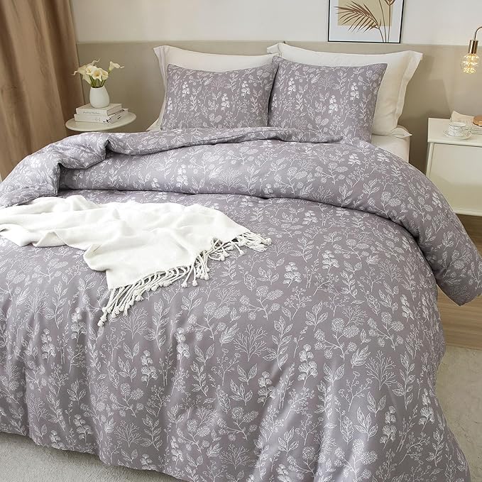 HighBuy Garden Floral Duvet Cover Queen Girls 100% Cotton Lavender Botanical Boho Bedding Set Queen Vintage Chic Floral Bed Comforter Cover with 2 Pillowcases Lightweight Aesthetic Duvet Cover Set