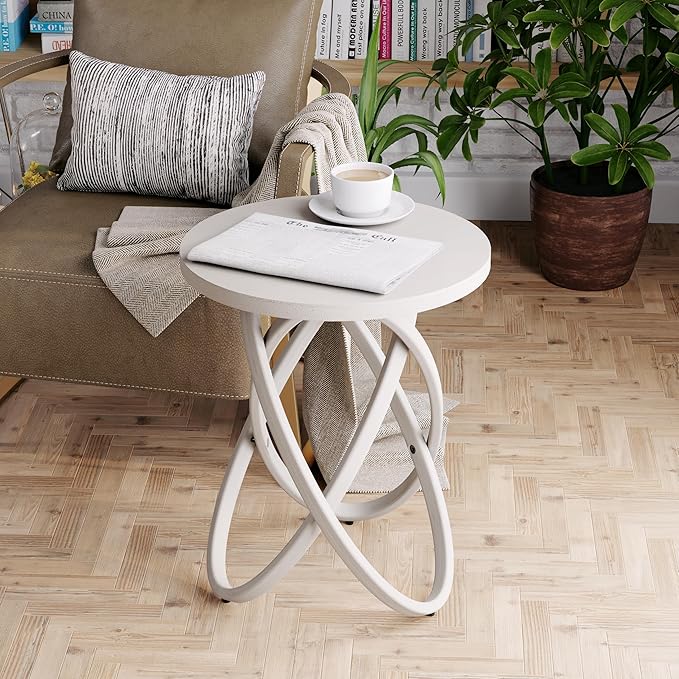 COZAYH Round End Table Farmhouse Wood Side Table Rustic Plant Stand with Intertwined Line Design for Living Room, Office, White